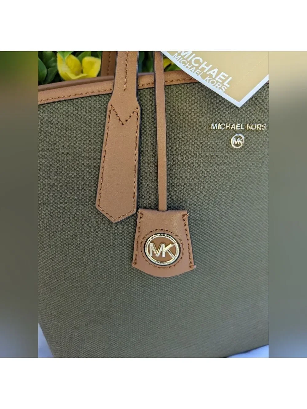 Michael Kors Emilia Large Tote Bag Olive Canvas Brown Leather Trim Gold Hardware
